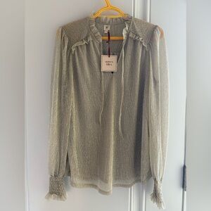 Autres Filles Champagne Metallic Sheer Ruffle-Trim Long Sleeve Top - Size Medium